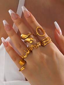 6pcs/Set Stainless Steel 18K Gold Plated Asymmetrical Geometric Open Rings Set, Suitable For Women Everyday, Street, Party Wear - Multicolor - View 3