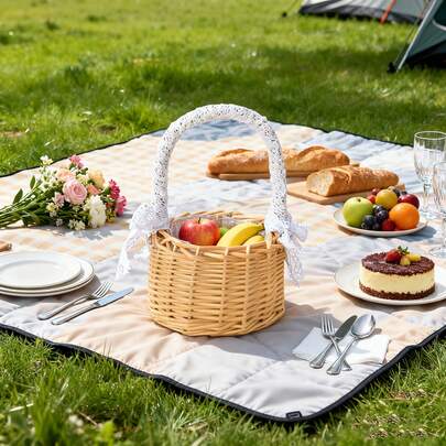 1 pieza Cesta de picnic de ratán tejida a mano, cesta de almacenamiento portátil con asa, esencial para camping y picnic al aire libre, cesta para fotografía, organizador de bocadillos y frutas, regalo ideal para familia y amigos. Se envían aleatoriamente dos métodos de tejido.