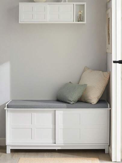 SoBuy FSR86-W, Hallway Storage Bench Shoe Bench Shoe Rack Shoe Cabinet With 2 Sliding Doors And Seat Cushion