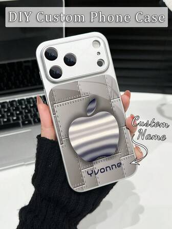 1 pieza Funda de teléfono personalizada con nombre, estilo industrial con remaches plateados y patrón de manzana de lujo, ventana grande de vidrio templado con protección de lente, mate y anti-caída, para iPhone 17/17Pro/17ProMax/17Air/16/16Pro/16ProMax/16Plus/15/15Plus/15Pro/15ProMax/14/14Plus/14Pro/14ProMax/13/13Pro/13ProMax/12/11, cobertura completa y protección de alta gama