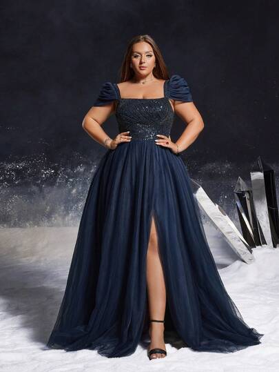 VIPGIRL Vestido de fiesta azul marino de talla grande con cuello cuadrado, mangas abullonadas, Body con lentejuelas y abertura alta, elegante vestido de fiesta y graduación para mujeres, vestido de noche formal