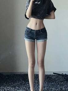 Verano Mujeres Paquete Retro Cadera Slim Hot Pantalones Sexy Rolled Stretch Cintura Baja Pantalones cortos de mezclilla pantalones de mezclilla mujer - Azul oscuro - Ver 1