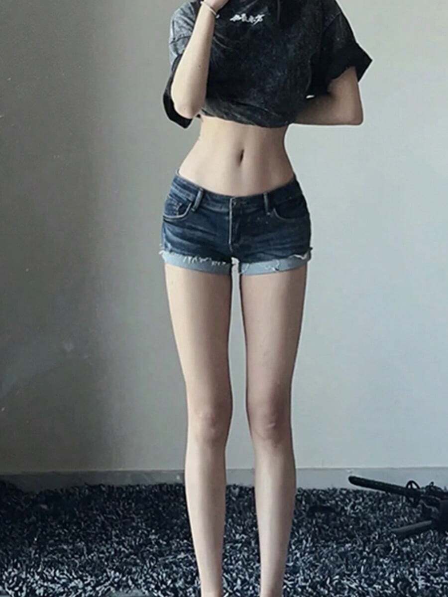 Verano Mujeres Paquete Retro Cadera Slim Hot Pantalones Sexy Rolled Stretch Cintura Baja Pantalones cortos de mezclilla pantalones de mezclilla mujer - Azul oscuro - Ver 1