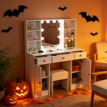 [Christmas Top Gift Choices] Rustic Solid Wood Vanity With Touch-Control Illuminated Mirror & 3 Adjustable Lights! Cosmetic Organizer Trays + Drawer Dividers, Built-In USB Charger, Perfect For Dressing Rooms - 白色 - 查看 10