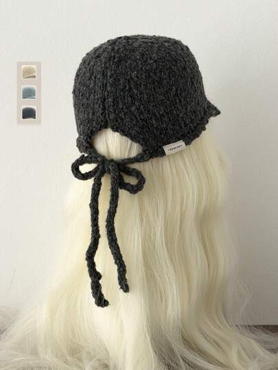 1顶带针织蝴蝶结的圆顶礼帽，复古时尚针织帽，带蝴蝶结帽带，女士款，保暖隔热，ins风，针织，小众，马术帽，百搭，适合小脸型，粗针织帽，可爱，宽松，时尚平顶骑行帽，秋冬款