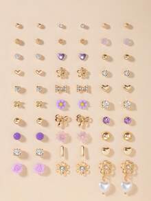 30对优雅耳环套装，精致蝴蝶结、花朵、简约心形耳环组合，适合女性度假、海滩、节日佩戴，亦可作为礼物。 - 彩色 - 查看 1