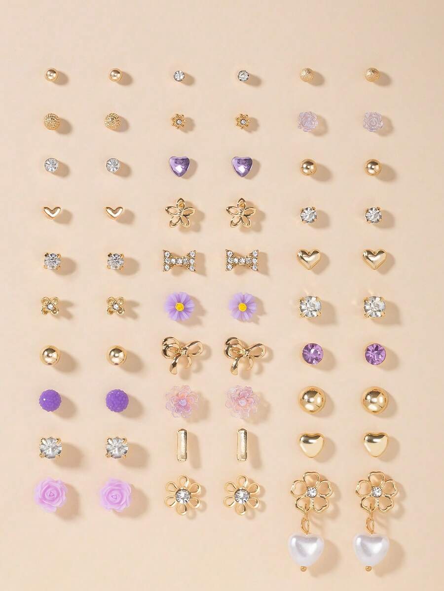 30对优雅耳环套装，精致蝴蝶结、花朵、简约心形耳环组合，适合女性度假、海滩、节日佩戴，亦可作为礼物。 - 彩色 - 查看 1
