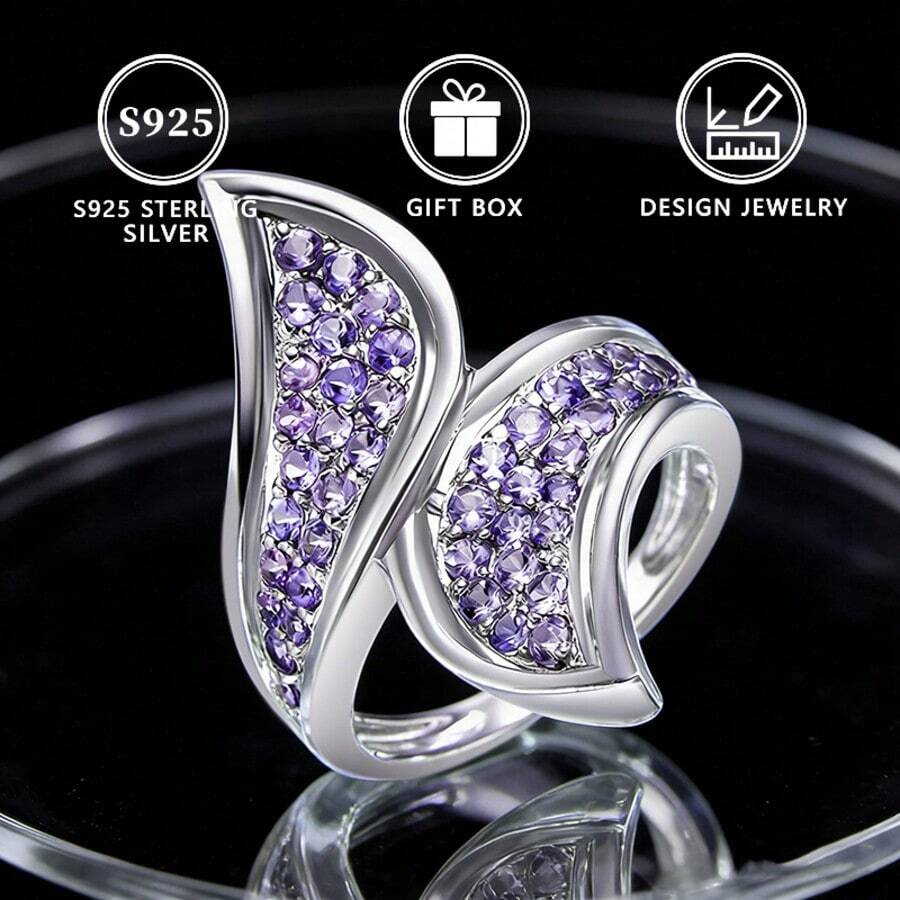 Anel Feminino de Prata 925 com Folha de Duas Cabeças Incrustada de Zircônia Sintética Roxa - Prata - Visão 1
