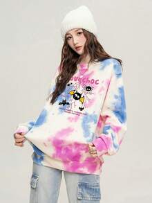 JUTU Autumn/Spring European & American Style Loose Tie-Dye Bat Print Sweatshirt, Women Fashion Round Neck Long Sleeve Top - 819 Meters Apricot-1049 - View 3