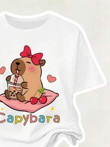 Young Girl Cartoon Print Round Neck Short Sleeve Top And Flare Pants Set - White - View 6