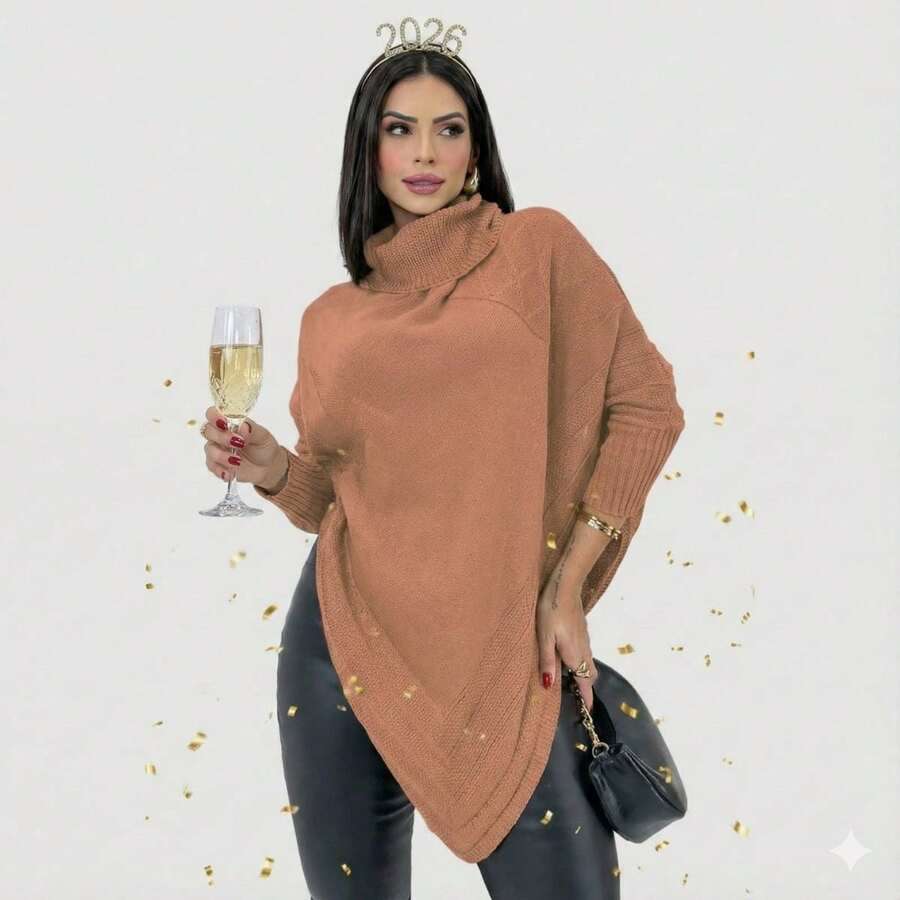 Swisz Women's Winter Poncho Knit Long Sleeve V-Neck Sweater With Scarf - 藕粉色 - 查看 1