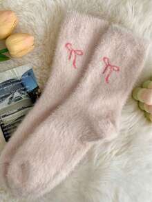 1Pair Of White And Pink Fleece Socks, Bow Design, Warm, Soft And Comfortable, Suitable For Autumn And Winter, Valentine's Day Gift. - Màu hồng gỉ - Xem 6