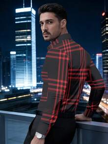 春秋新款男士商务休闲修身格纹衬衫，独特设计，单排银色饰边，做工精良 - 休闲衬衫 - 紅色和黑色 - 查看 3