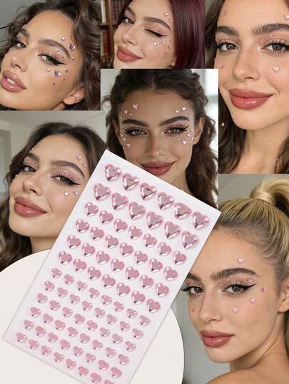 5 piezas/3 piezas/2 piezas/1 pieza Pegatinas de diamantes de imitación con forma de corazón rosa de especificaciones múltiples, accesorios para el cabello de cristal, gemas faciales de diamante, para manualidades DIY y proyectos artísticos, carnaval, San Valentín, Halloween, regalos del Día de la Madre, fiestas, festivales de música, decoración facial/capilar/de uñas