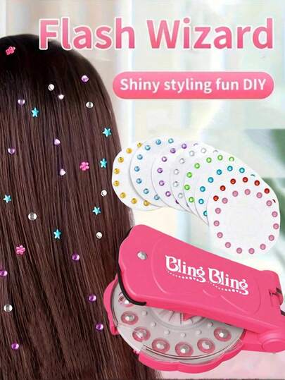 Kit de Bedazzler para el cabello con rhinestones, Colección Glam de gemas para el cabello para niñas, Incluye herramienta de peinado Glam y 75 gemas - ¡Cargar, hacer clic, brillar! Cabello, moda, cualquier cosa