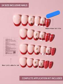 24片Y2K风格短椭圆形红白法式美甲贴纸，采用3D凝胶樱桃、星星和豹纹图案，打造幸运女孩和情人节美甲造型，完美适配亚克力美甲套装，包含1瓶果冻胶和1把指甲锉，适合女性和女孩日常、工作、学习和派对美甲。 - 彩色 - 查看 4