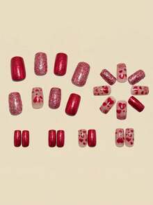 24pcs Medium Square False Nails, Heart-Shaped Red For Valentine's Day, Full Coverage Removable Manicure Set, Suitable For Women's Parties, Dances And Daily Wear