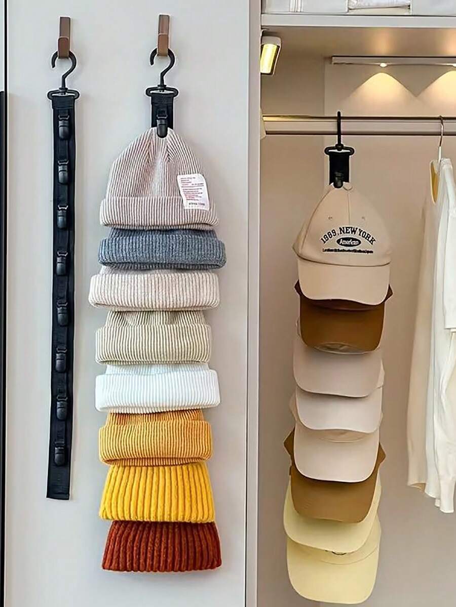 1 Set 8 Clip Baseball Cap Organizer - Grey And Black Wall Mount/Closet Hanging Cap Holder, Holds 8 Hats, Durable High-Quality Clamp Cap Storage Solution, Wardrobe Accessory And Practical Decor For Cap Collectors And Fashion Enthusiasts - Multicolor - View 1