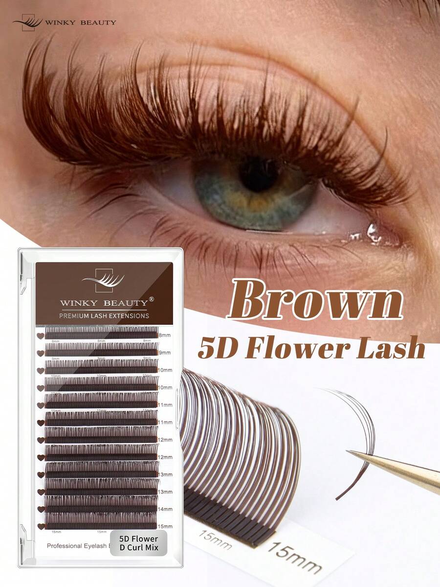 Winky Beauty 5D水润效果棕色花簇假睫毛，12排A型，适合角色扮演、卡通风格，飘逸灵动，宛如恶魔之刺，5D立体花仙子设计，易于植入，柔软睫毛条，貂毛般蓬松，单根嫁接，俄罗斯密度，自然预制睫毛簇，假睫毛耗材，美睫师及美容院化妆工具，0.07mm，C/D卷度，长度8-15mm
