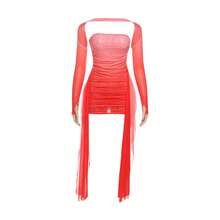 Fashion New Women's Halter Neck Sleeveless Mesh Ribbon Ruched Sexy Short Dress Set - Pink (with Scarf) - View 12