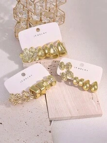 3/9 Pairs European & American Latest Fashion Bowknot, 5-Petal Flower Earring Set, Gold-Plated Women's Earrings, Teardrop/C-Shaped Hoop Earrings, Gift For Family/Friends And Her - Yellow Gold - View 11