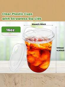 16oz Iced Coffee Cup With Lid, Clear Plastic Cup With Straw-Free Drinking Lid, Round Bottom Takeaway Cup, Suitable For Iced Coffee, Juice, Smoothie, Cold Drinks - Multicolor - View 2