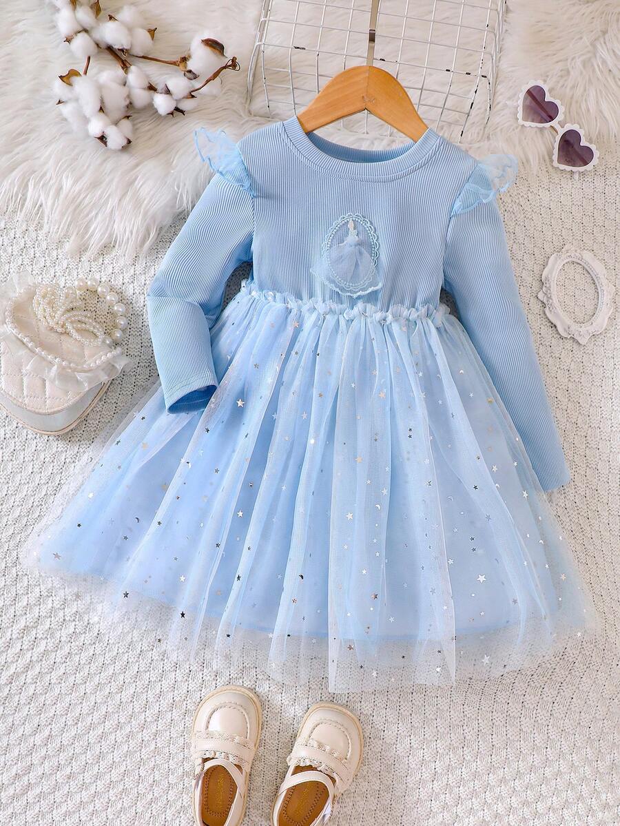 Young Girls' Spring/Autumn Cartoon Print Knit Contrast Mesh Princess Dress
