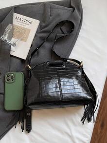 小巧别致的流苏手提包，女士新款个性化多功能托特包，休闲通勤单肩/斜挎包 - 黑色 - 查看 8