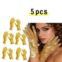 5pcs Retro Disco Sequin Gloves, Suitable For Stage Performance, Party, Cosplay, Adult One Size - Multicolor - View 5