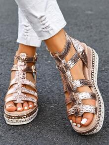 新款波西米亚风女士坡跟凉鞋，亮泽的绿松石色，罗马式高跟凉鞋，适合春夏休闲、户外度假、海滩穿着，尺码齐全，旅行必备 - 香檳色 - 查看 1