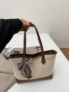 Túi xách nữ cỡ lớn thời trang phối vải lanh xuyên biên giới châu Âu và Mỹ, kiểu dáng tối giản, mới lạ, túi đeo vai tiện dụng (màu khăn ngẫu nhiên) - Cà phê - Xem 8