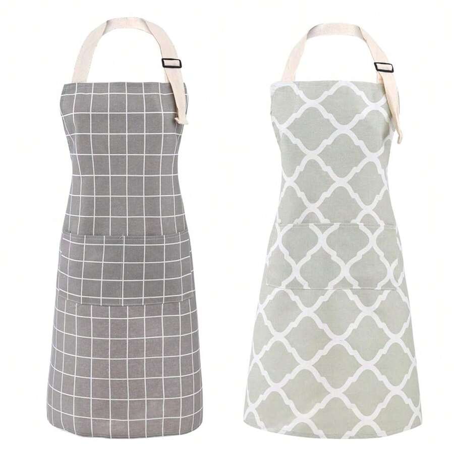 Tosewever 2 Pieces Cotton Linen Waterproof Bib Kitchen Apron With Pockets - Long Ties Adjustable Neck Strap - Unisex BBQ CooFKing Drawing Crafting Aprons For Women Chef (Grey/Green, 2) - 灰綠色 - 查看 1