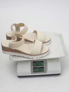 大码 36-43 夏季新款时尚休闲厚底坡跟凉鞋，简约日常穿着，优质米色 PU 皮套脚露趾女凉鞋 - 特級米色PU - 查看 9