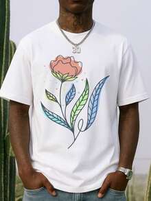 Floral T-Shirt For Men's 30th Birthday - White With Red Rose And Green Leaf Print, Lightweight And Breathable Activewear For Gym, Casual And Outdoor - All-Season Crew Neck Short Sleeve T-Shirt, Durable Digital Graphic Design, Ideal Gift For Men's 30th Birthday - 白色 - 查看 1