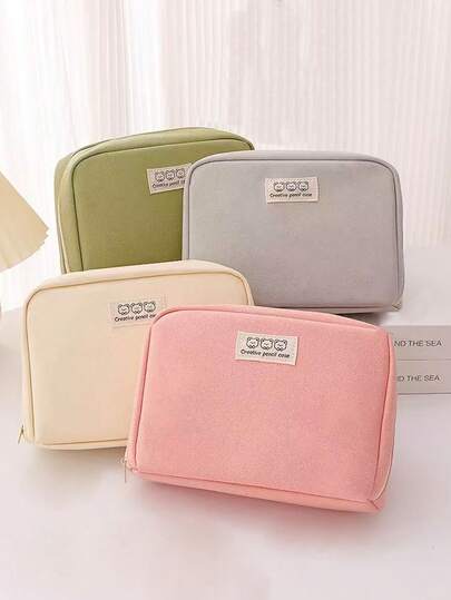 1/2个可爱帆布铅笔盒，大容量文具盒，背包收纳袋，适合女生，学校和办公用品，卡哇伊大容量铅笔袋，耐用帆布材质，学生女生铅笔袋，学习用品收纳袋