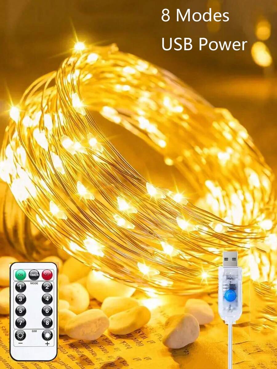 1 Dây đèn LED dây đồng, nguồn USB, 8 chế độ, 50/100/200 đèn LED kèm điều khiển từ xa, trang trí nhà cửa, phòng ngủ, tường nhà, đám cưới, tiệc tùng, đèn trang trí trong nhà, đèn tạo không khí ngày của Mẹ, đèn LED trang trí đám cưới, đèn trang trí phòng.