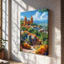1 pieza de arte mexicano vintage, pintura en lienzo con marco de madera - Arte de pared de iglesias del campo de Morelia, paisaje primaveral vibrante con cúpulas blancas y techos de tejas rojas, decoración de pared interior para sala de estar, dormitorio, cocina, baño - Regalo cultural para el hogar 2D plano - Multicolor - Ver 5