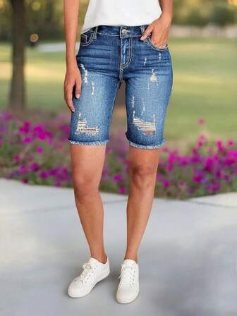 Cross-Border Women's Summer Stretch Fashion Street Tight Hole Breaking Denim Shorts Women