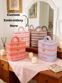 1 pieza (bordado personalizado) Bolsa de viaje para cosméticos de terciopelo con estampado de lazo rosa, bolsa para toallas sanitarias, artículo esencial para viajes cortos, set organizador de viaje, set de cubos de embalaje, set organizador de equipaje, útiles escolares, artículos esenciales para dormitorio - Multicolor - Ver 1