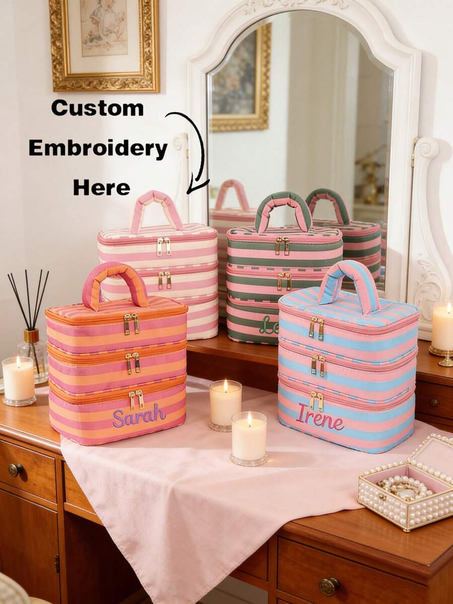 1 pieza (bordado personalizado) Bolsa de viaje para cosméticos de terciopelo con estampado de lazo rosa, bolsa para toallas sanitarias, artículo esencial para viajes cortos, set organizador de viaje, set de cubos de embalaje, set organizador de equipaje, útiles escolares, artículos esenciales para dormitorio - Multicolor - Ver 1