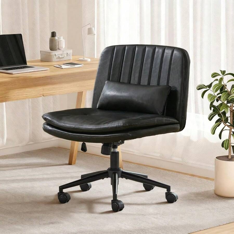 Criss Cross Chair Armless Cross Legged Office Chair Wide Comfy Desk Seat, Thick Cushion, Pillow, Adjustable Swivel Computer Task Vanity Home Office Desk Chair (Black, NO Wheels) - 黑色 - 查看 1