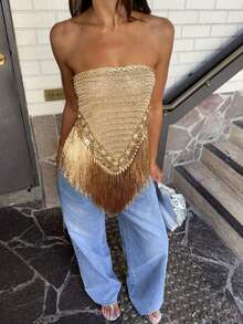 Boho Women's Summer Sequin  Fringe Knitted Tube Top Y2K Club Party Tops Style For Casual Daily Outing And Holiday Beaches - Vàng - Xem 6