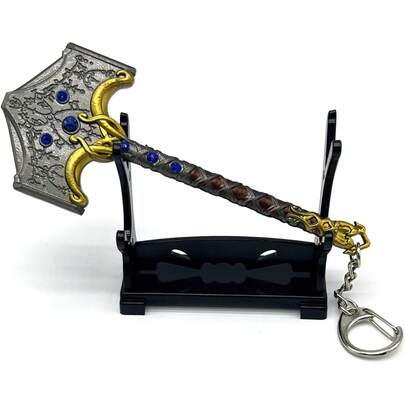 Mini martillo de 4.7 pulgadas con soporte de exhibición llavero de metal para manualidades, adorno de martillo Mjolnir para decoración de computadora, llaveros geniales para hombres, regalo para