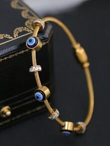 Set de 4 piezas/Set de 3 piezas/1 pieza Pulseras con diseño de ojo malvado en tono dorado | Set de pulseras con diseño de ojo azul esmaltado y cable trenzado para uso diario, casual y de fiesta - Amarillo Oro - Ver 9