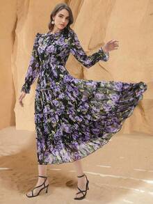 Women's Elegant Chiffon Purple Ditsy Floral Long Sleeve Tie Neck Ruffle Hem A-Line Maxi Dress, Bohemian Style - Purple - View 4