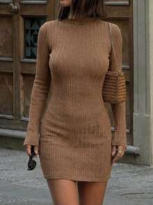 女士春夏纯色针织修身长袖迷你连衣裙，简约百搭日常穿搭，优雅时尚 - 棕色 - 查看 6