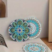 6个装木质杯垫 - 优雅的花卉和几何曼陀罗图案，3.94x3.94英寸耐热桌面保护垫，适用于咖啡桌、厨房和户外 - 仅限手洗，送给咖啡爱好者和朋友的独特礼物，厨房配件，可重复使用的装饰品 - 彩色 - 查看 5