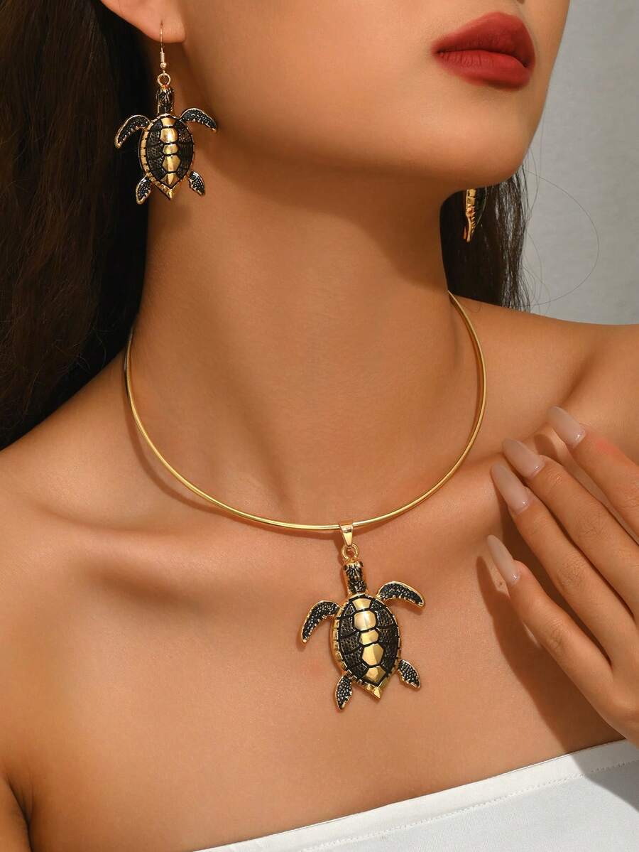 Conjunto de 3 peças vintage com pingente de tartaruga em metal preto com efeito de gotejamento de óleo, design personalizado. Criativo e fofo, este conjunto de pingente de tartaruga marinha é perfeito para o dia a dia, férias e festas. - Preto - Ver 1