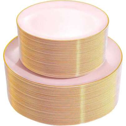50/25/12/7/1pcs Pink Single Gold Rim Dinnerware Set, Food Tray, Fruit Salad Plate, Dinner Plate, Dessert Plate, Washable Salad Tableware, Reusable, Easy To Clean. Suitable For Wedding Decor, Christmas Decor, Birthday Party, Family Gathering, Outdoor Team Building, School, Restaurant And Kitchen Party Tableware, Home School Seasonal Gift