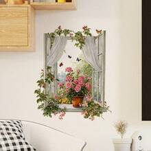 3D逼真花卉阳台窗户墙贴 - 带可开启百叶窗的仿真窗户，粉色玫瑰，绿色叶子贴纸，适用于卧室、客厅、阳台 - 可移除自粘墙贴（无需工具/专业知识） - 彩色 - 查看 9